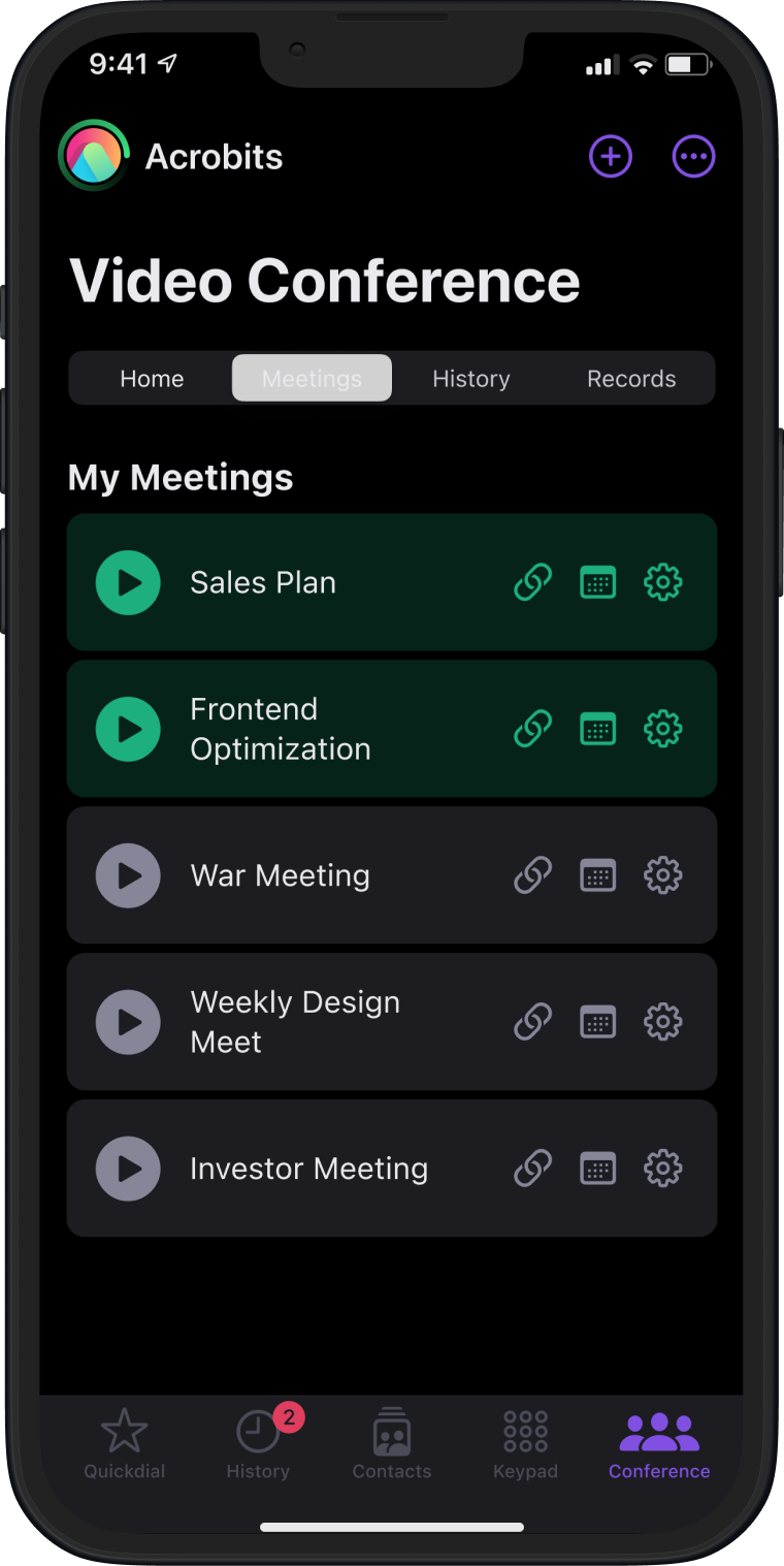 Groundwire app screenshot showing features tab records, home, history and meetings